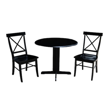 International Concepts Round 36 in Dual Drop Leaf Table with 2 X-Back Chairs, Black, 36 in W, 36 in L, 30 in H, Wood K46-36RP-C613P